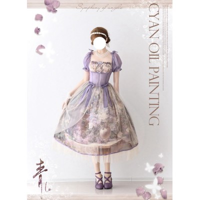 Cyans Qing Oil Painting Blooming Shade Short and Long One Piece(Leftovers/Full Payment Without Shipping)